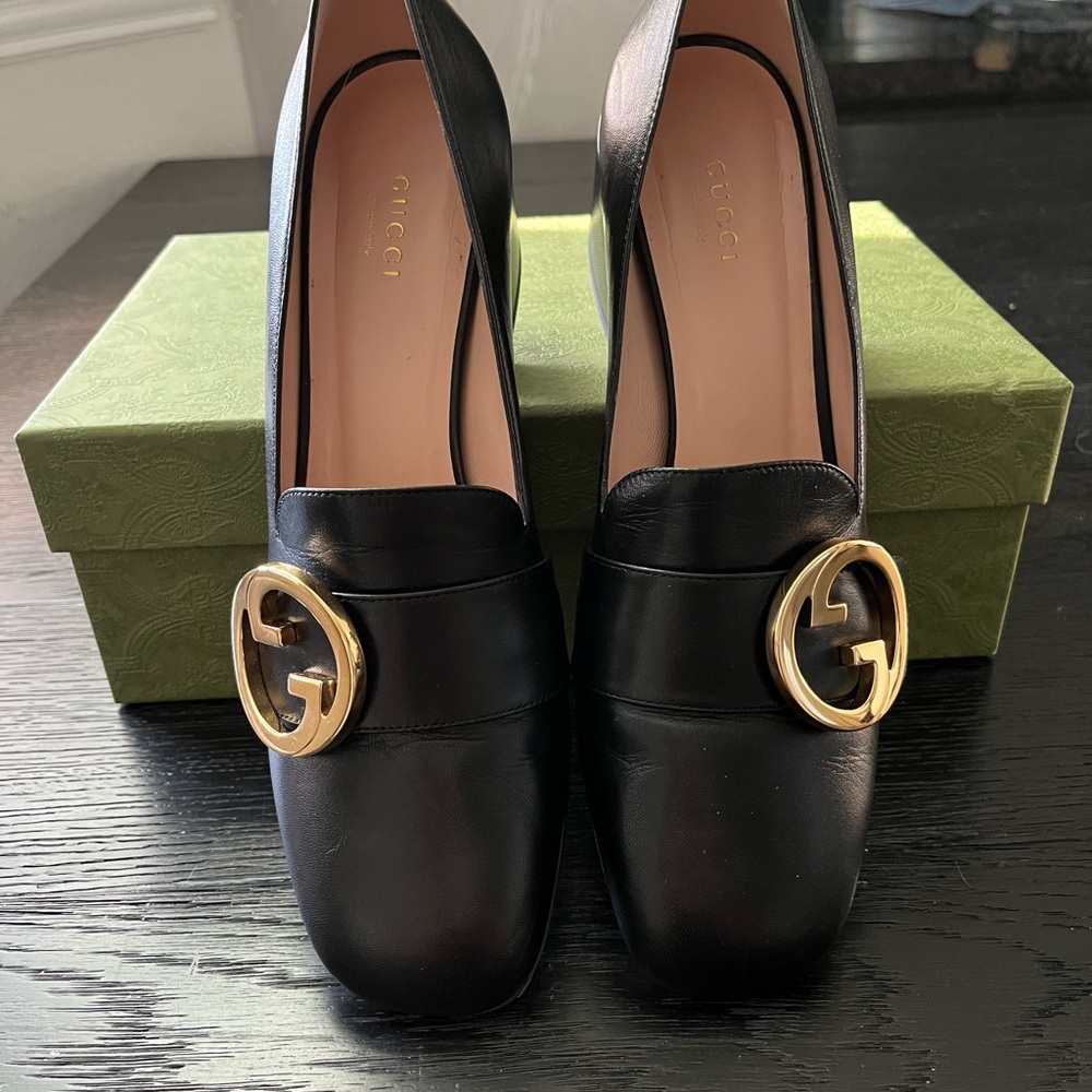 Gucci Woman Leather Malaga Kid Loafer Pump aka the Blonde Mid Heel Pumps